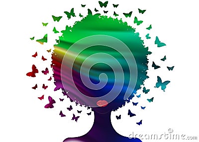 Butterflies decorative colorful composition with silhouette portrait woman. Beauty center concept, hairstyle salon, Spa. isolated Vector Illustration