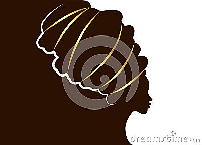 Portrait beautiful African woman in traditional turban, Kente head wrap African, Afro silhouette, dashiki printing, black women Vector Illustration