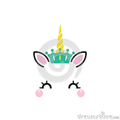 Unicorn queen. Magic pretty equine face with closed eyes with long eyelashes in joy. Vector Illustration