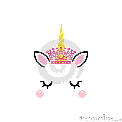 Unicorn queen. Magic pretty equine face with closed eyes with long eyelashes in joy. Vector Illustration
