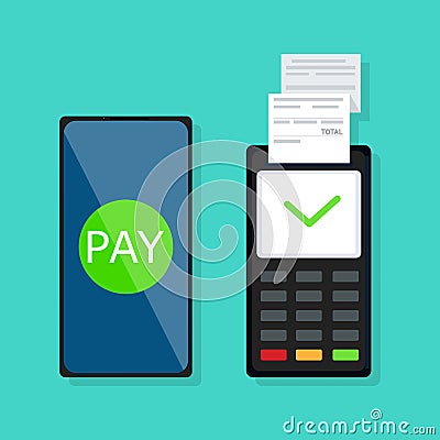 NFC connection, contactless payment method concept.Vector stock illustration in flat design on blue background. Pay bills via term Vector Illustration