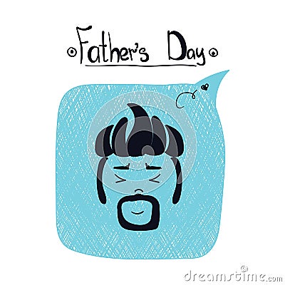 Father`s Day in blue speech bubble background, hand written text and siluet of man head . Vector Illustration