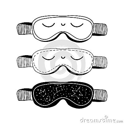 Set of cartoon doodle sleeping mask with close eyes icons. Vector Illustration