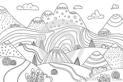 Doodle cute cartoon meadowland, hills, mountains, clouds and road. Vector Illustration