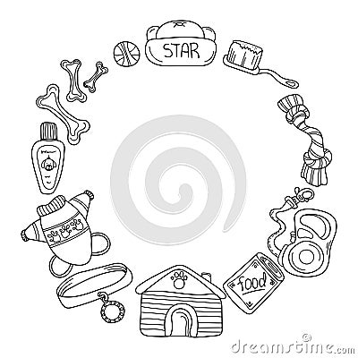 Hand drawn doodle template of pet shop. Dog accessories elements: doghouse, leash, bone, care elements ets. Vector Illustration