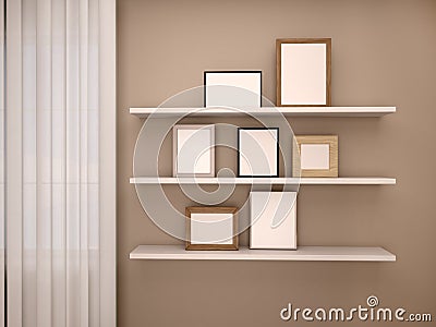 Ñ–llustration of empty frames on the shelves in the room near Cartoon Illustration
