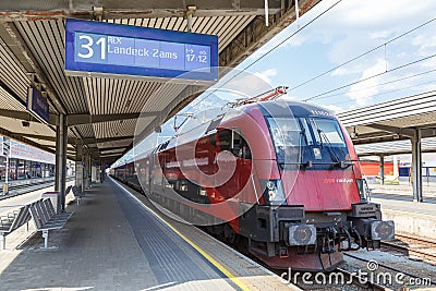 Ã–BB RailJet locomotive train Innsbruck main railway station Austria Ã–sterreichische Bundesbahnen Editorial Stock Photo