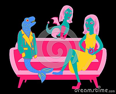 Illustration with a pink and crimson red sofa with a dinosaur in a blue-green jacket and a mermaid`s tail, a girl with a yellow sk Vector Illustration