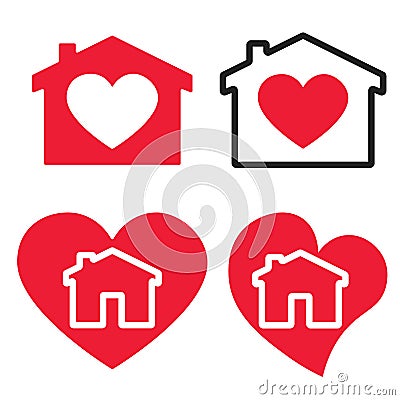 House icons with red heart silhouettes and lines, symbol of love at home, vector illustration on a white background Vector Illustration