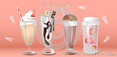 Collection of milkshakes with chocolate and berries. Vector Illustration