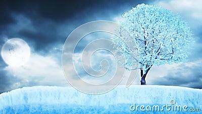 Árbol congelado en el hielo debajo de la luna con las nubes Árbol congelado en el hielo debajo de la luna con las nubes