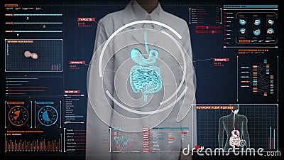 Écran numérique émouvant de docteur féminin, corps de bourdonnement balayant les organes internes, système de digestion dans l'af illustration libre de droits Écran numérique émouvant de docteur féminin, corps de bourdonnement balayant les organes internes, système de digestion dans l'af illustration libre de droits