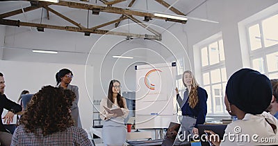 Δημιουργική ομάδα γραφείων Multiethnic που ακούει το ευτυχές ξανθό σεμινάριο χρηματοδότησης επιχειρησιακών γυναικών οδηγώντας η σ φιλμ μικρού μήκους Δημιουργική ομάδα γραφείων Multiethnic που ακούει το ευτυχές ξανθό σεμινάριο χρηματοδότησης επιχειρησιακών γυναικών οδηγώντας η σ φιλμ μικρού μήκους