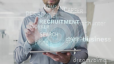 Πρόσληψη, επιχείρηση, headhunter, μίσθωση, σύννεφο λέξης υποψηφίων που γίνεται ως ολόγραμμα που χρησιμοποιείται στην ταμπλέτα από απόθεμα βίντεο Πρόσληψη, επιχείρηση, headhunter, μίσθωση, σύννεφο λέξης υποψηφίων που γίνεται ως ολόγραμμα που χρησιμοποιείται στην ταμπλέτα από απόθεμα βίντεο
