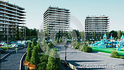 Город, визуализирование 3d городка архитектурноакустическое вид с воздуха Реалистическая анимация 4K иллюстрация вектора Город, визуализирование 3d городка архитектурноакустическое вид с воздуха Реалистическая анимация 4K иллюстрация вектора