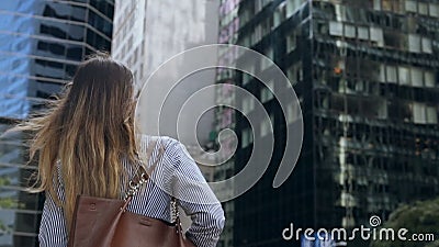Задний взгляд молодой коммерсантки держа документы и идя к офисному зданию в Нью-Йорке, США движение медленное акции видеоматериалы Задний взгляд молодой коммерсантки держа документы и идя к офисному зданию в Нью-Йорке, США движение медленное акции видеоматериалы