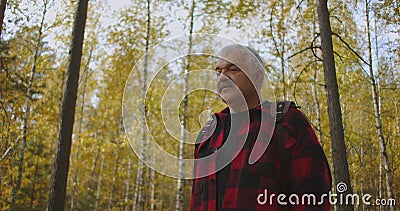 Седой человек с усами гуляет в лесу в конце осени, наслаждаясь природой и ландшафтом, исследуя природу видеоматериал Седой человек с усами гуляет в лесу в конце осени, наслаждаясь природой и ландшафтом, исследуя природу видеоматериал
