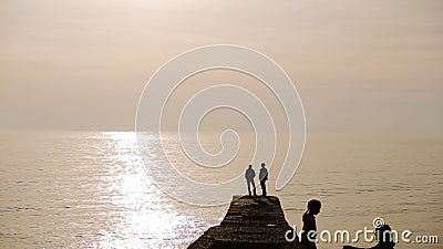 Силуэты людей стоя на пристани на заходе солнца морем, пары в влюбленности, акции видеоматериалы Силуэты людей стоя на пристани на заходе солнца морем, пары в влюбленности, акции видеоматериалы