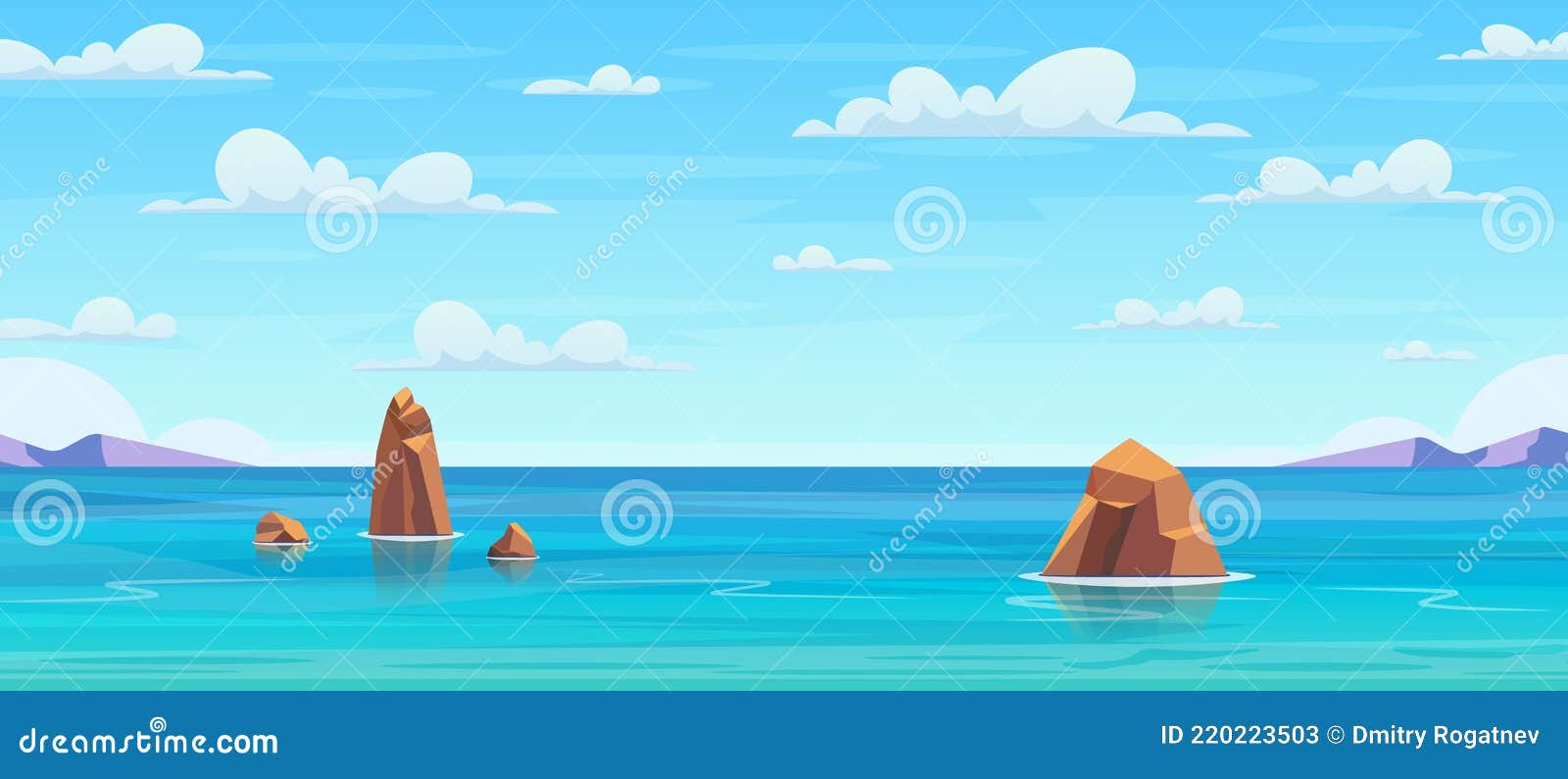 Paisagem Dos Desenhos Animados Do Mar Ou Do Oceano Com Céu E