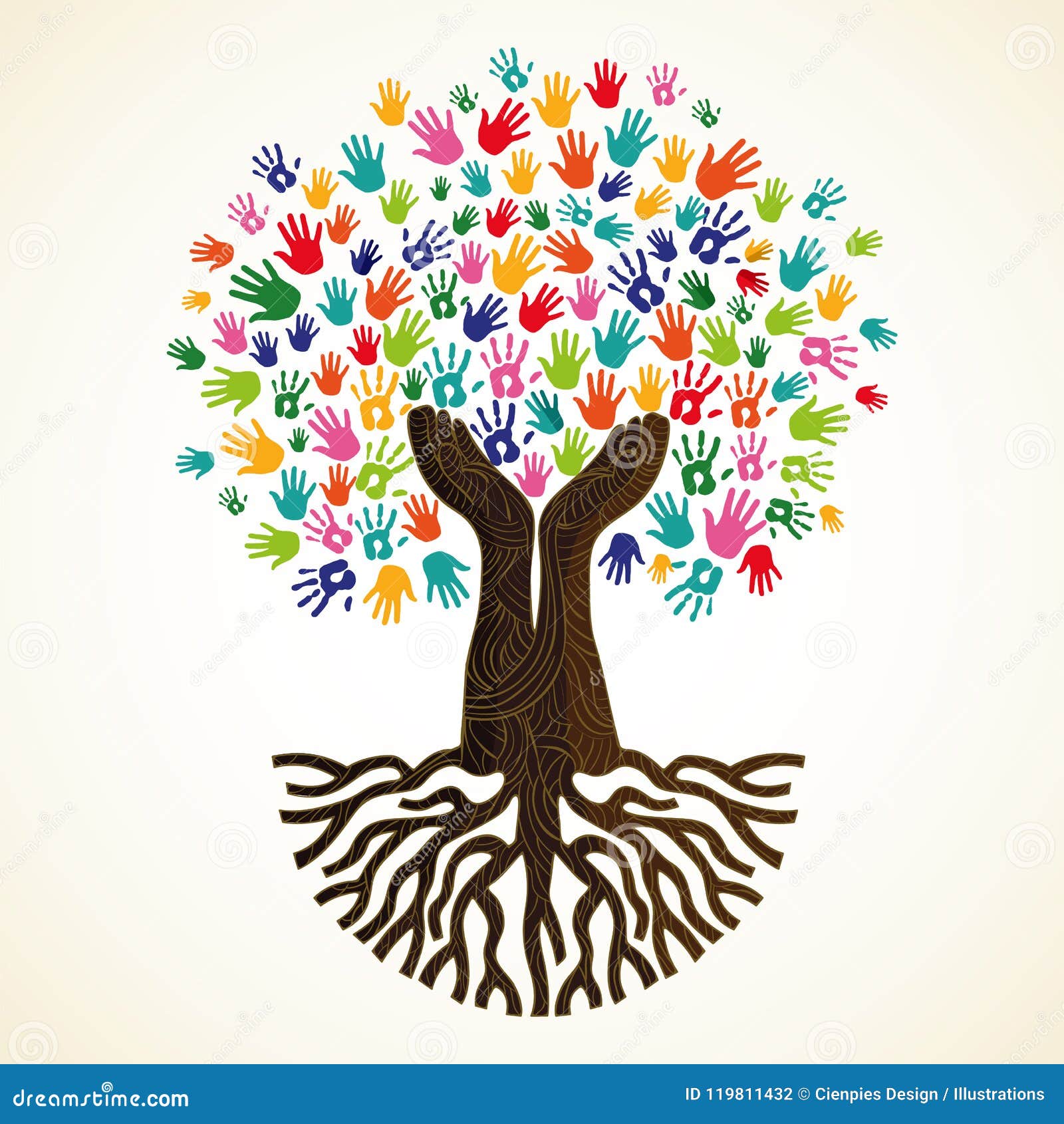 Árbol con las manos humanas para la ayuda del trabajo social
