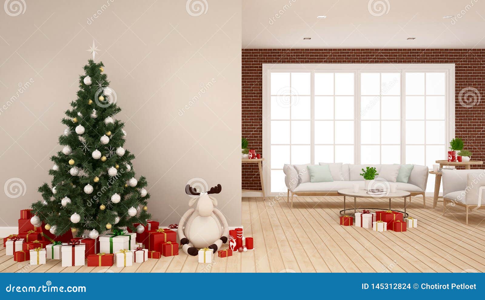à rbol De Navidad Con La Muñeca Del Reno Y La Caja De Regalo En La Sala De Estar - Ilustraciones Para El DÃa De La Navidad - Re Foto de archivo -