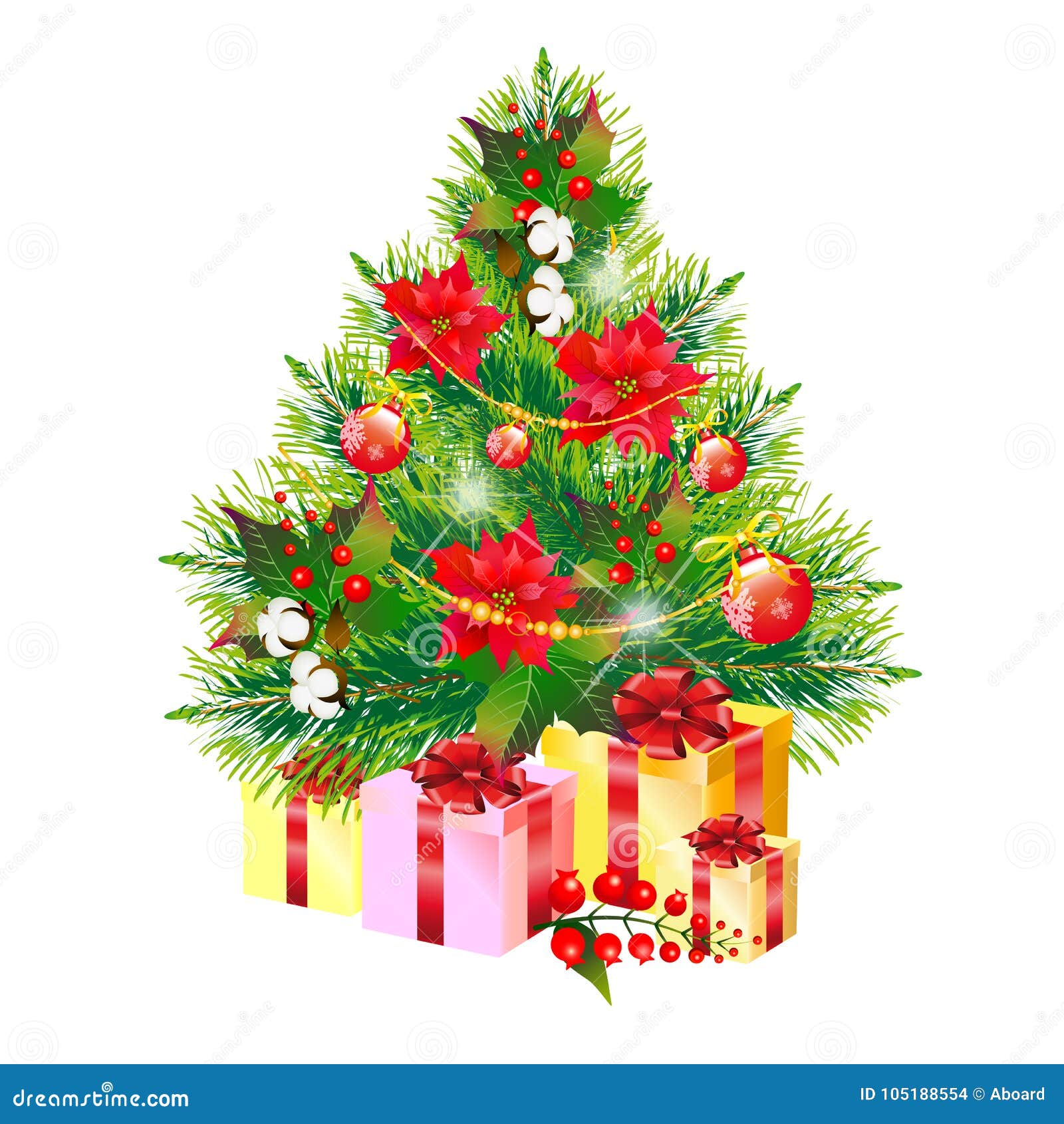 Árbol De Navidad Con Las Flores, En Un Blanco Ilustración del Vector -  Ilustración de tarjeta, verde: 105188554