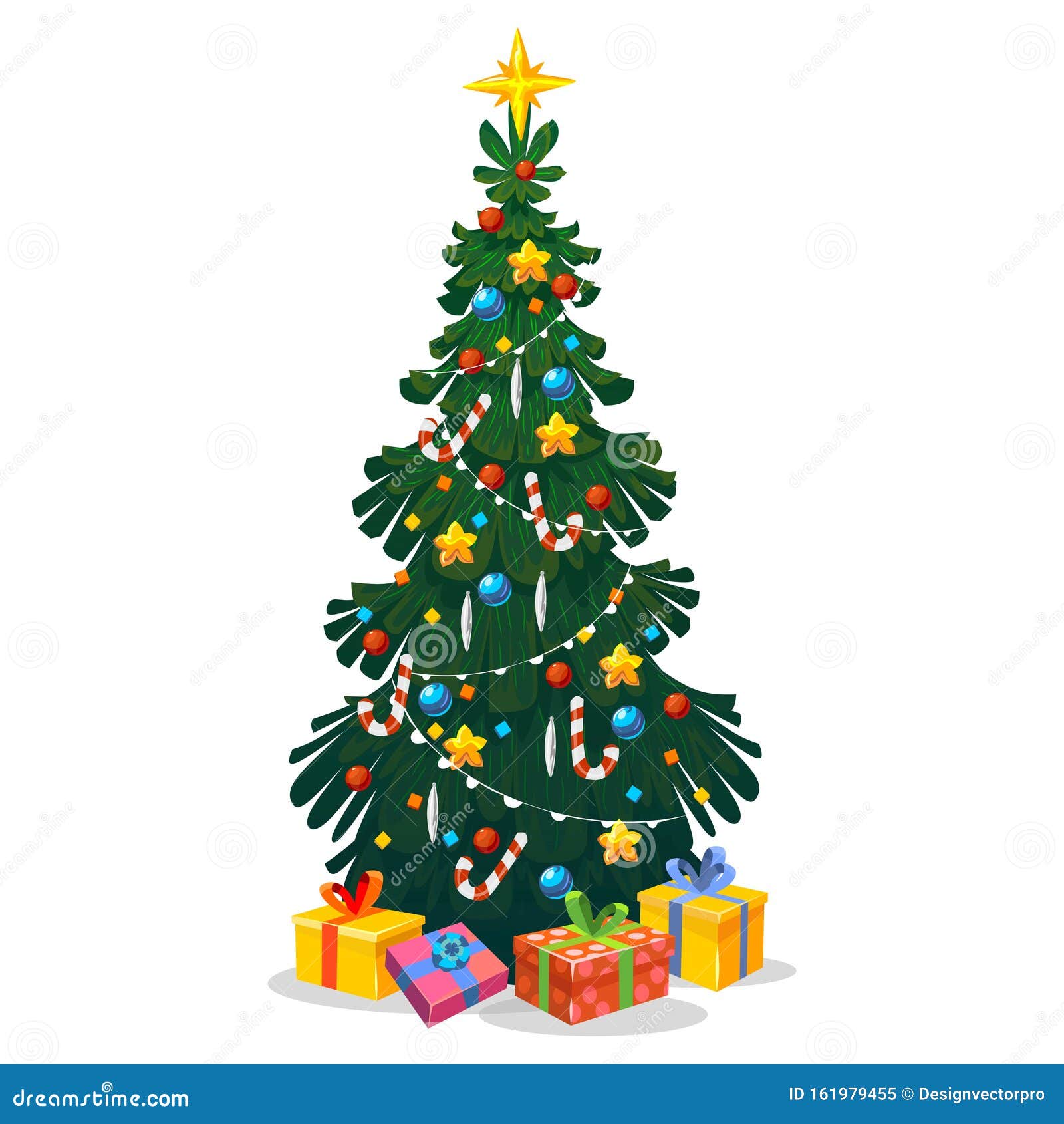 Árbol De Navidad Decorado Con Dibujos Animados Ilustración del Vector -  Ilustración de verde, vector: 161979455