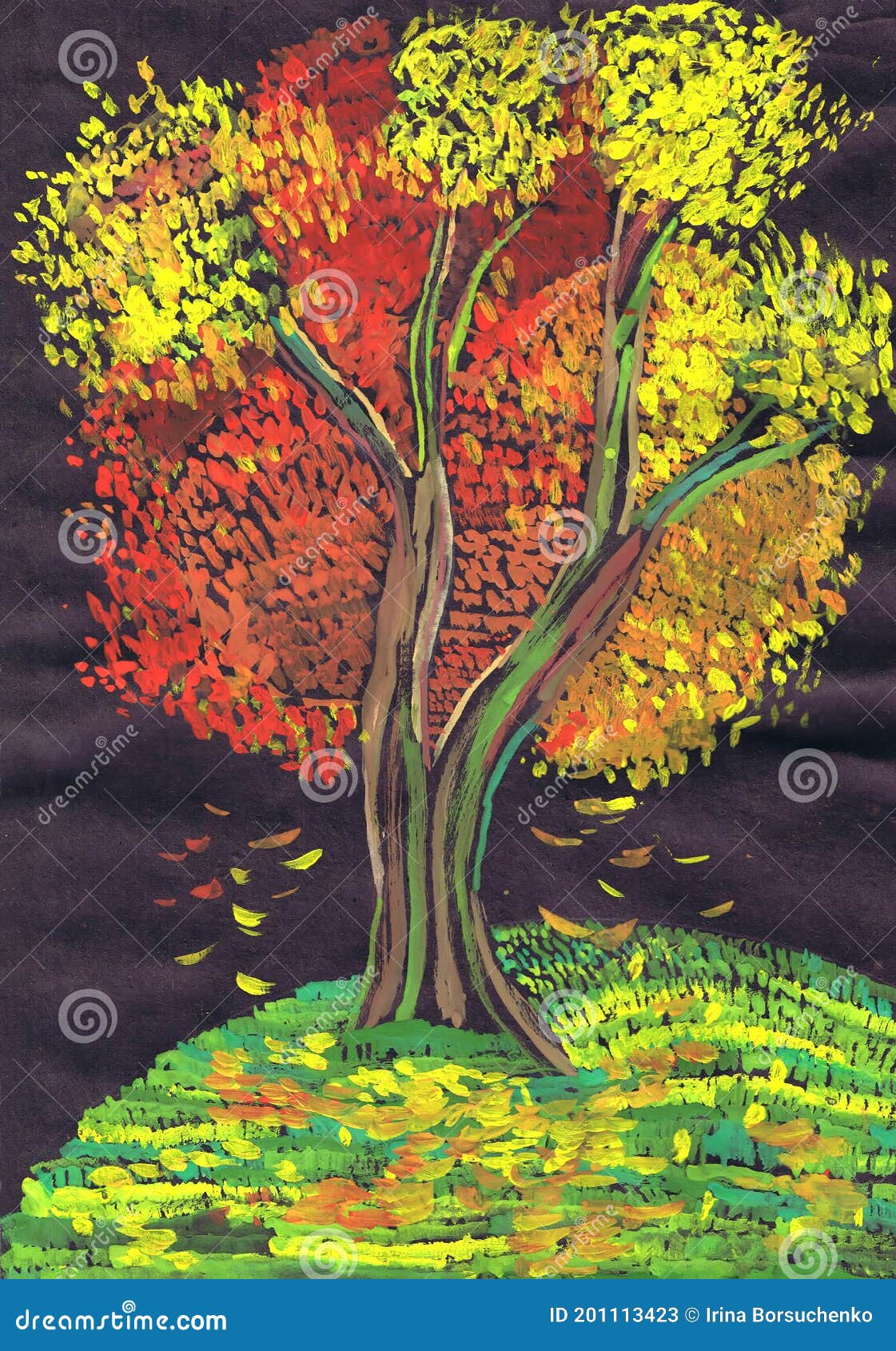 árbol De Otoño Multicolor En La Técnica Del Puntillismo. Dibujo De Niños  Imagen de archivo - Imagen de multicolor, negro: 201113423