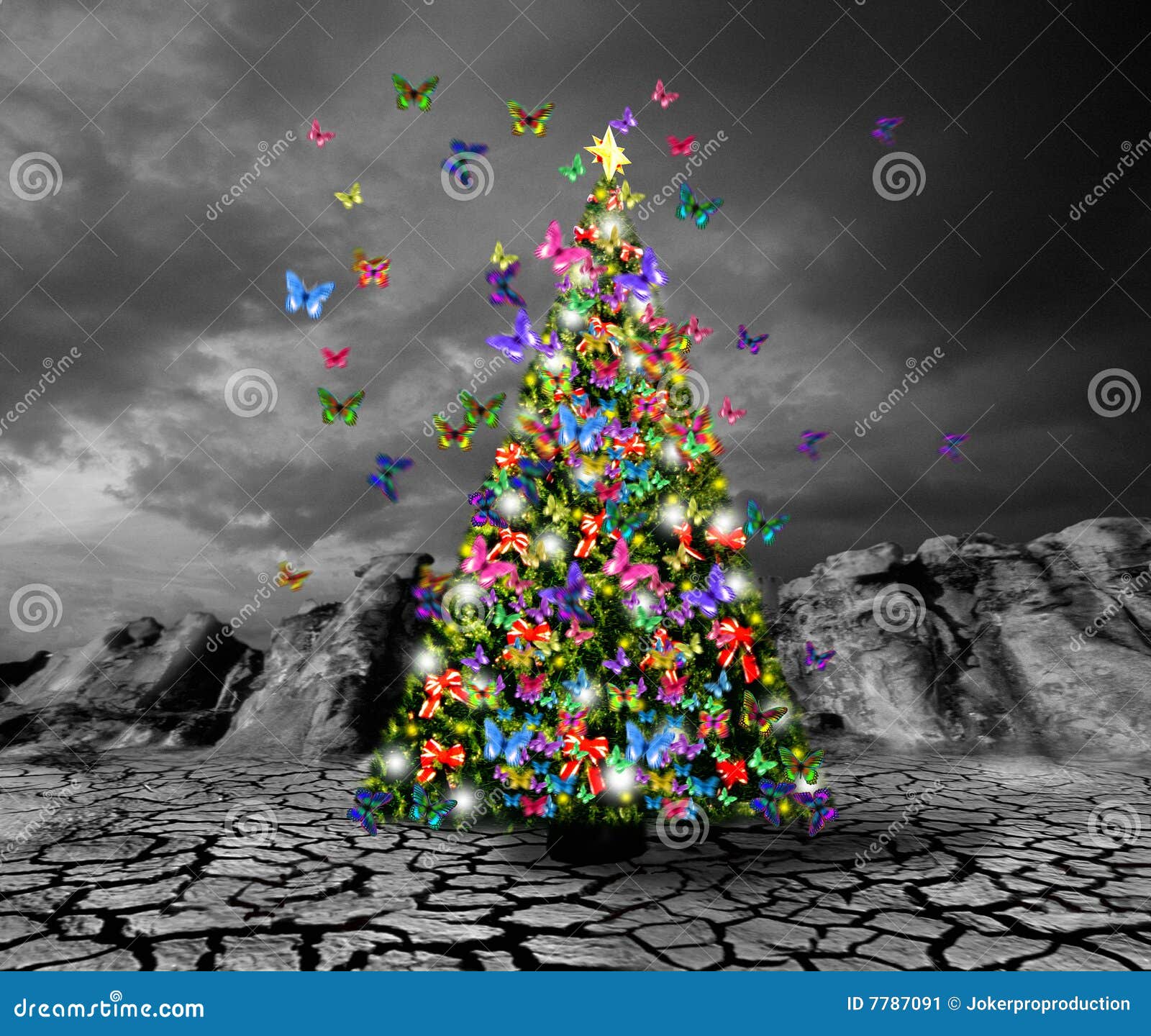 Árvore De Natal Com Borboletas Ilustração Stock - Ilustração de sujeira,  efeito: 7787091