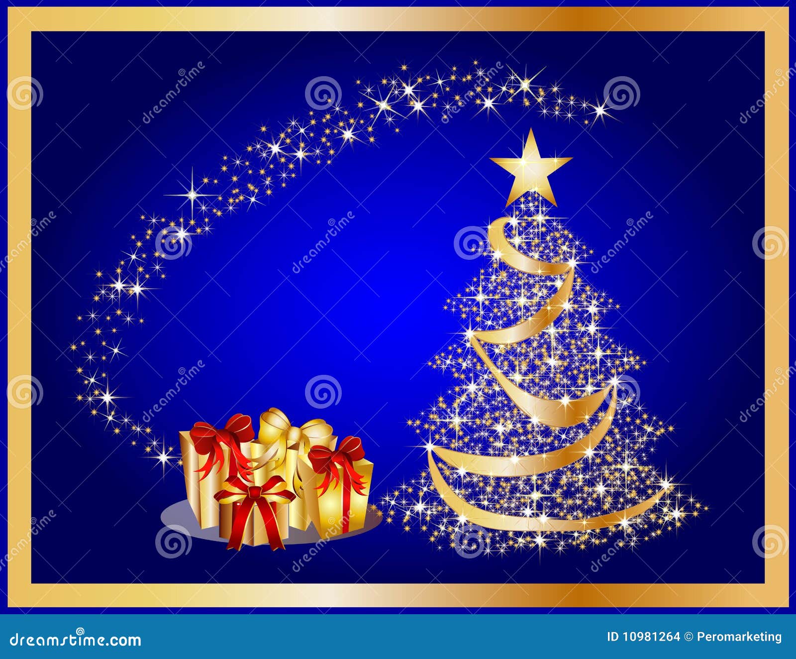árvore De Natal Dourada No Fundo Azul Ilustração Stock - Ilustração de  ouro, presente: 10981264