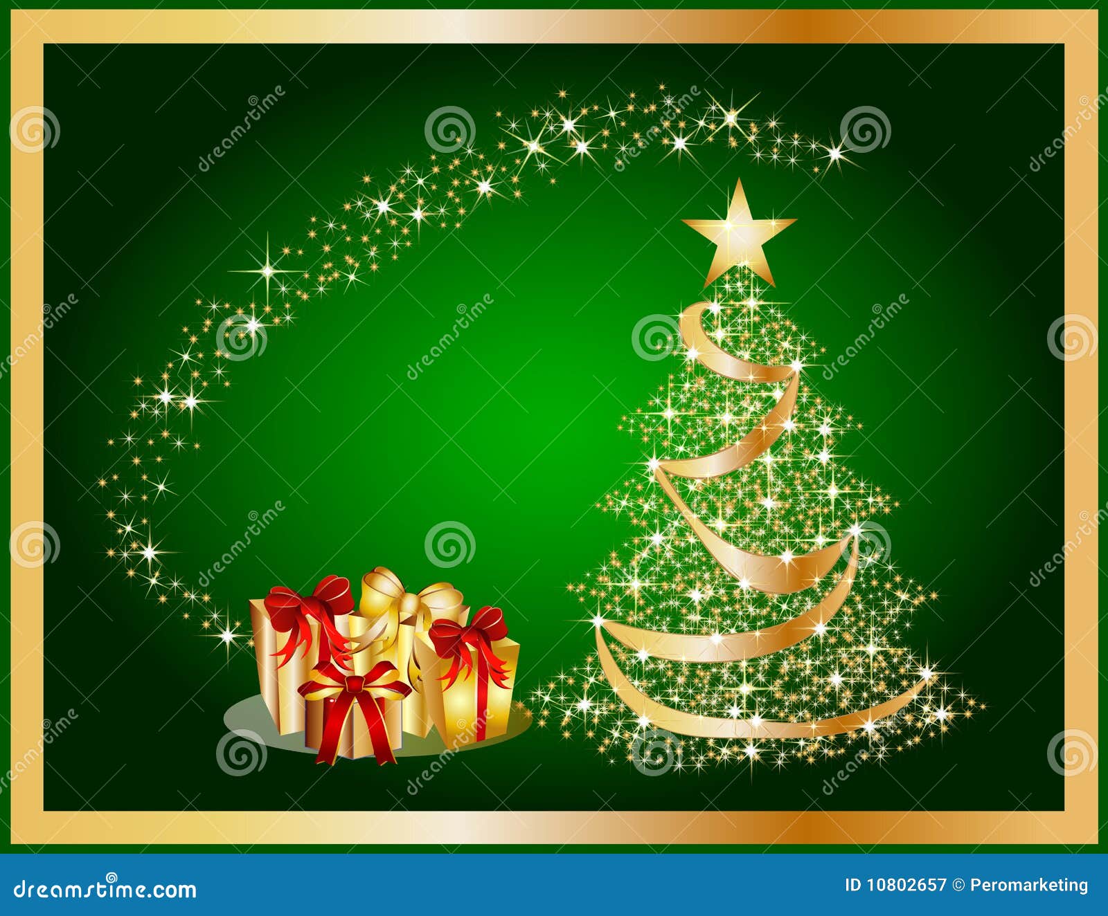 Árvore De Natal Dourada No Fundo Verde Ilustração Stock - Ilustração de  esfera, xmas: 10802657