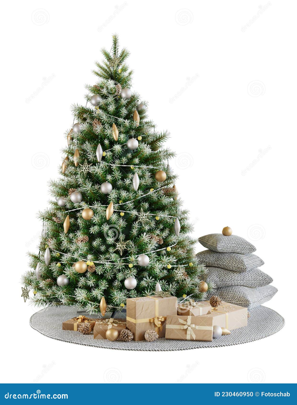 árvore De Natal No Tapete Redondo Dourado E Decoração Prateada E Galões De  Presentes. Isolado Em 3d Renderização De Fundo Branco. Ilustração Stock -  Ilustração de renda, sazonal: 230460950