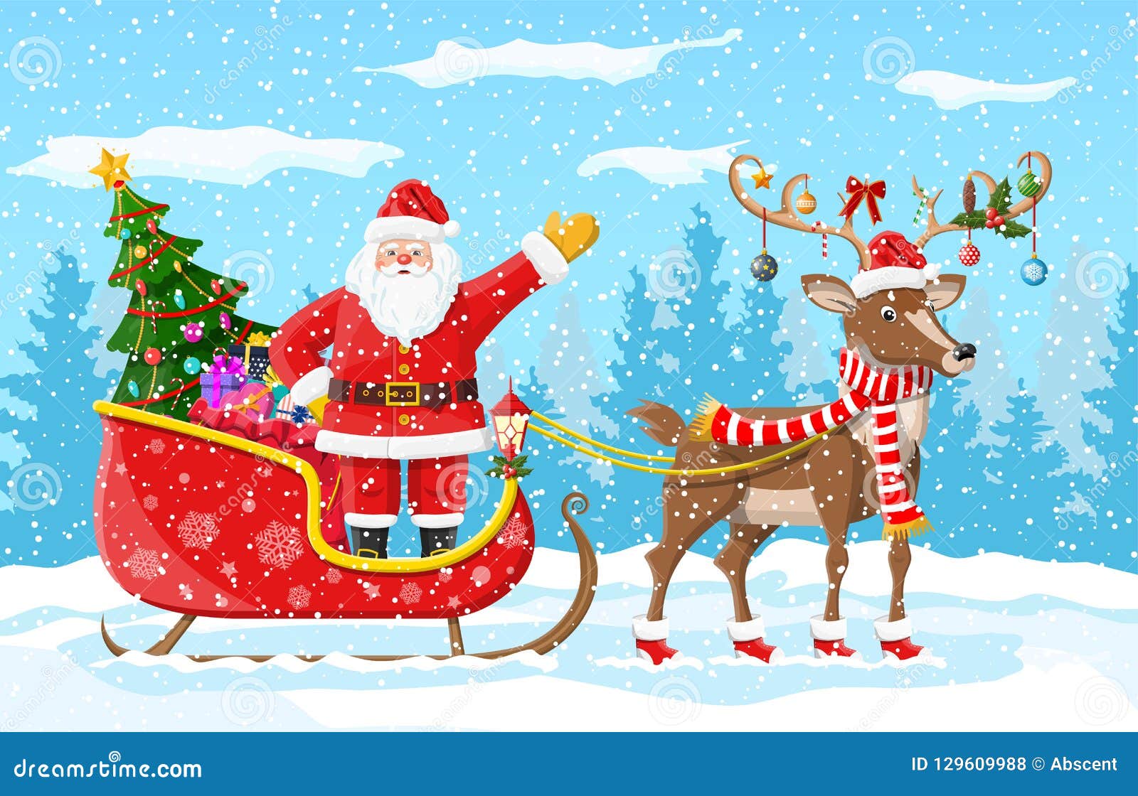 Árvore De Natal Papai Noel Com Trenó Da Rena Ilustração do Vetor -  Ilustração de floresta, véspera: 129609988