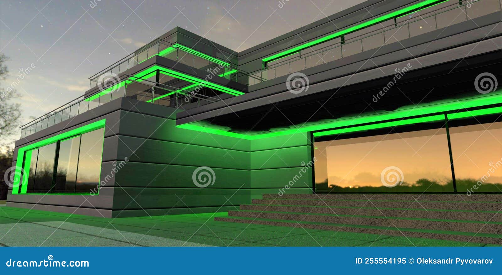 éclairage Extérieur Vert Led Pour Une Maison Minimaliste Nouvellement  Construite. Finition D'une Façade D'un Panneau En Aluminium Illustration  Stock - Illustration du créateurs, maison: 255554195