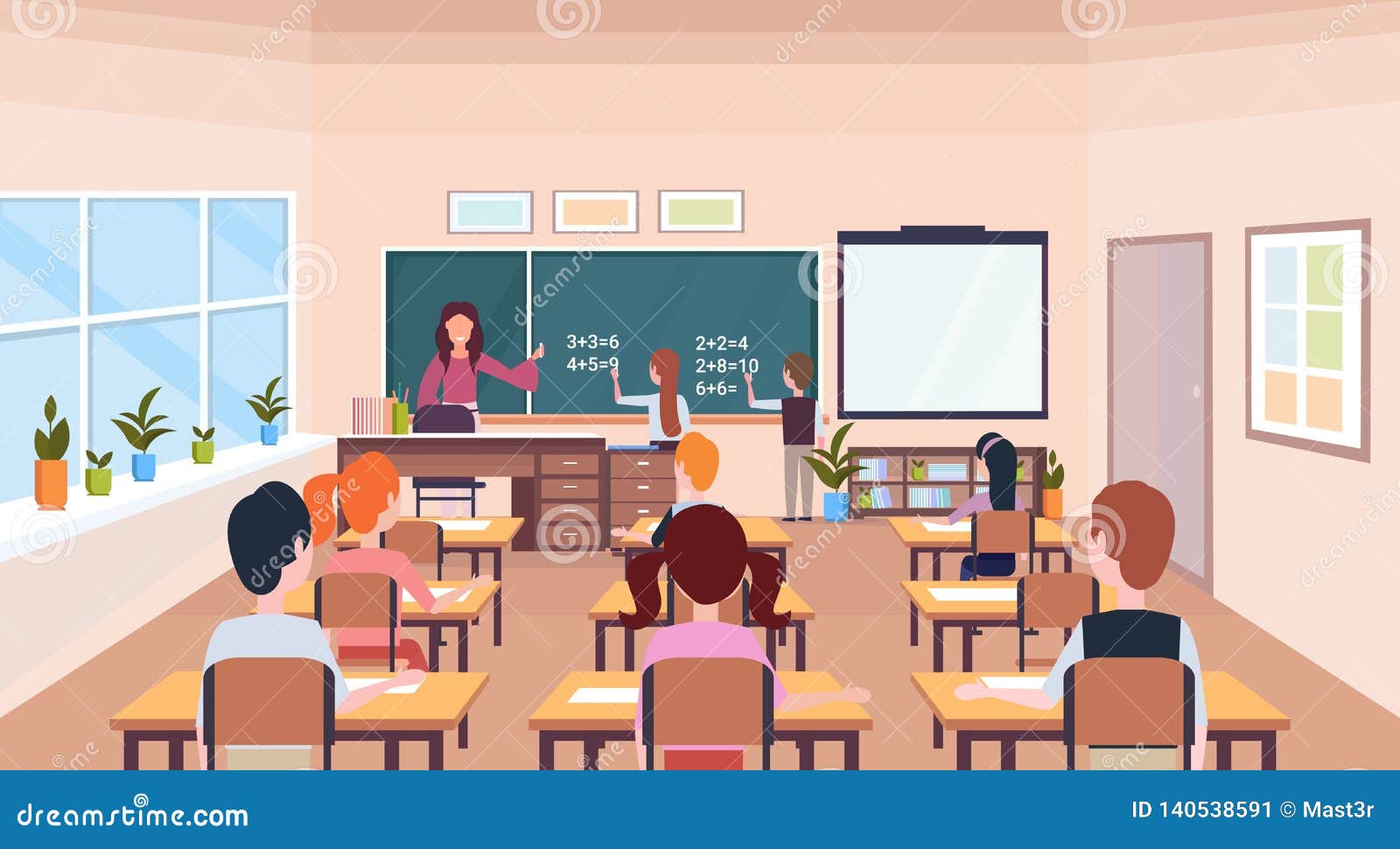 Eleves Resolvant Le Probleme De Maths Sur Le Tableau Pendant Hommes Femmes Interieur De Salle De Classe Moderne D Ecole De Concep Illustration De Vecteur Illustration Du Craie Universite