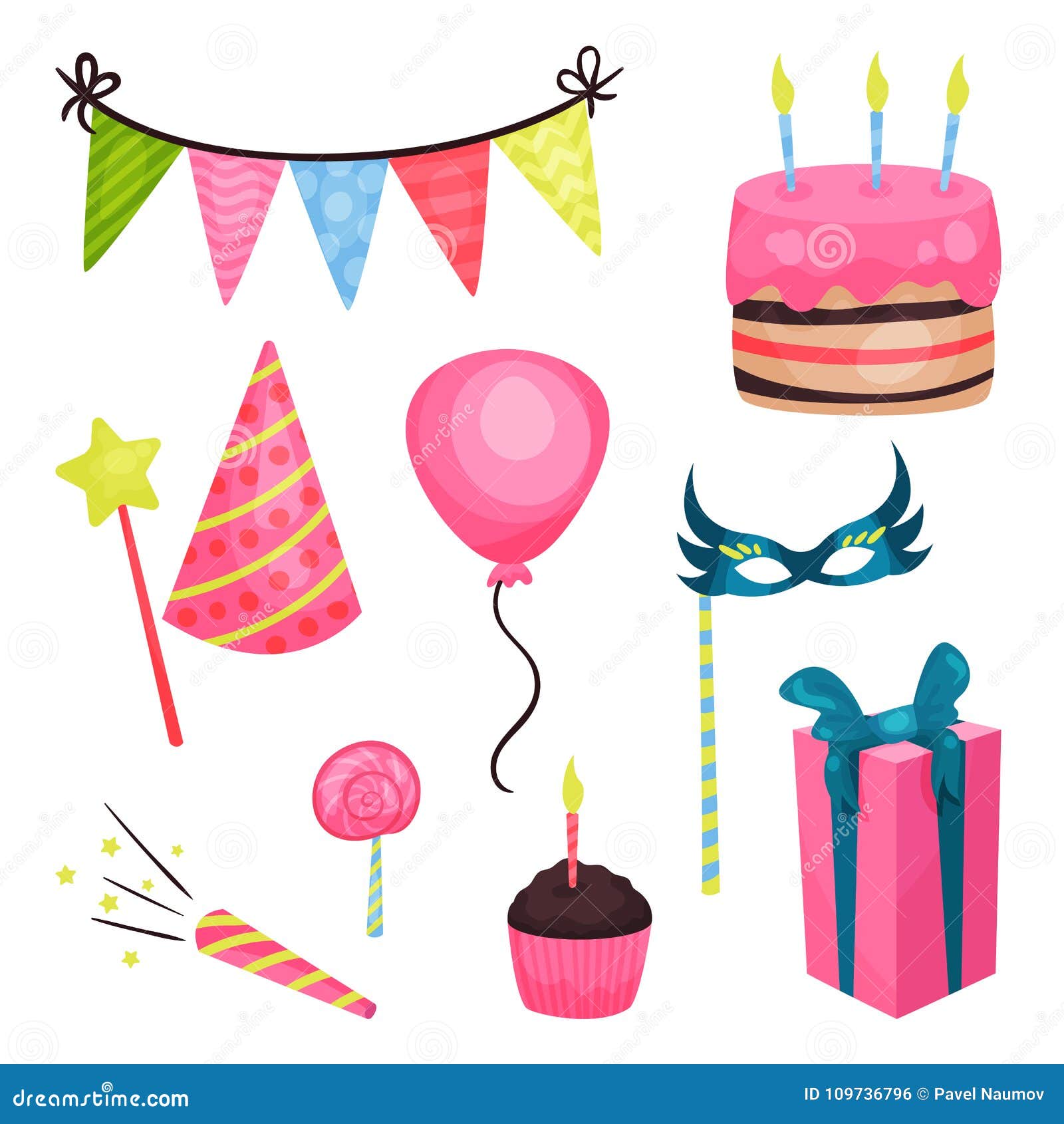 Elements Plats De Fete D Anniversaire De Vecteur Drapeaux D Etamine De Triangle Gateau Ballon Brillant Lucette Petit Gateau Illustration De Vecteur Illustration Du Brillant Fete