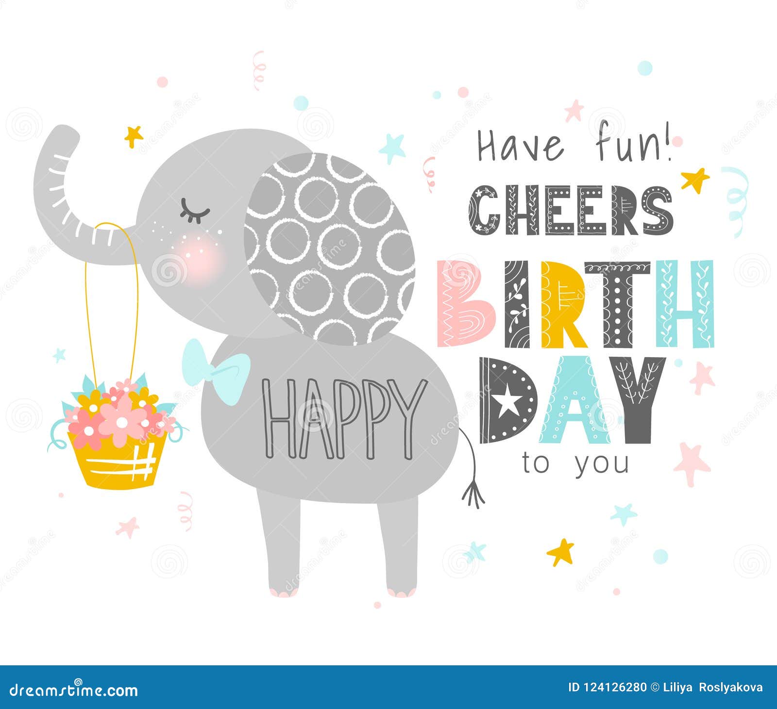 Elephant Mignon Avec Un Panier Des Fleurs Joyeux Anniversaire Carte De Voeux Banniere Affiche Conception Plate De Style Scandin Illustration Stock Illustration Du Anniversaire Style