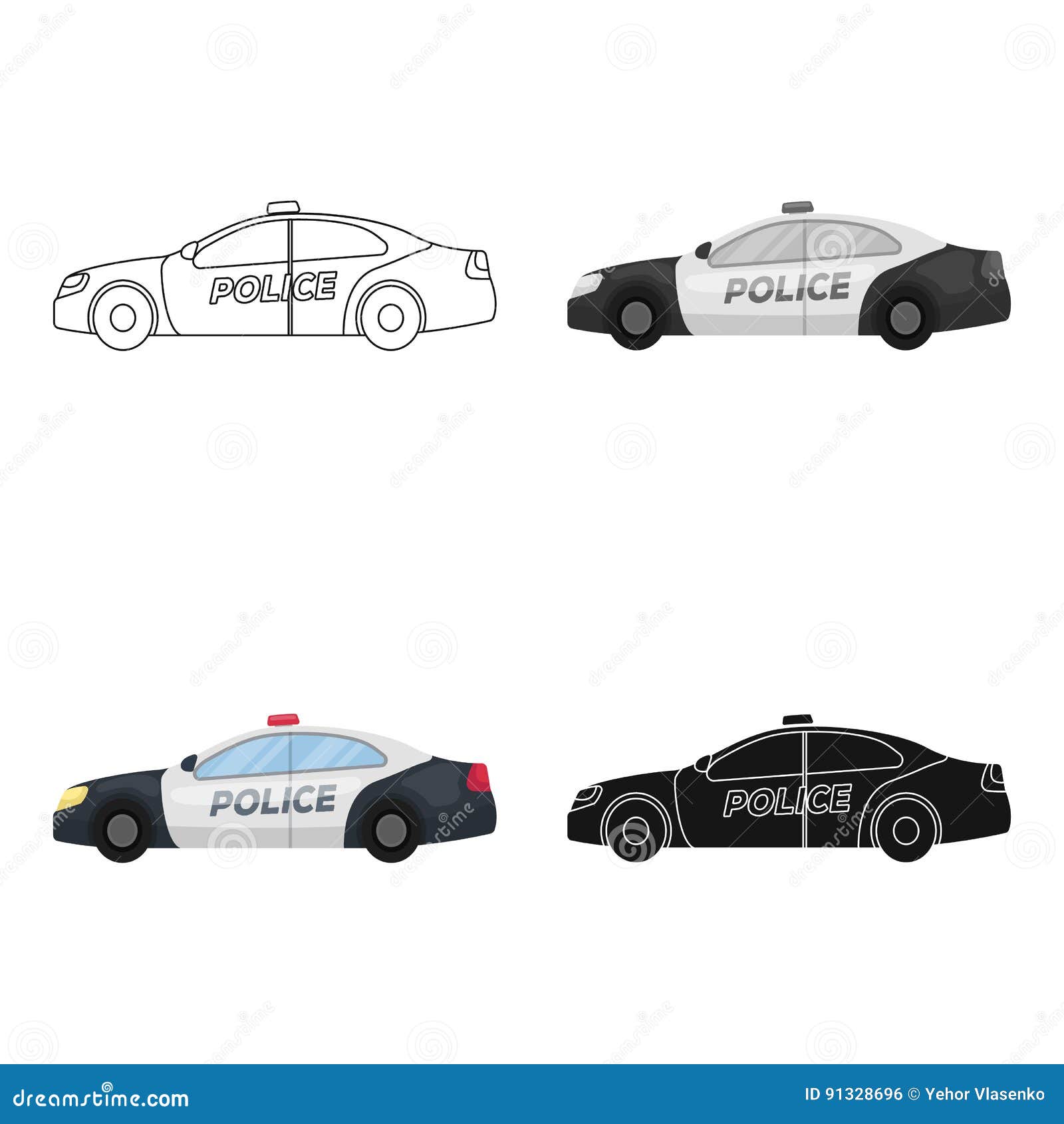 Carro de polícia em desenho animado de carro de polícia com fundo branco