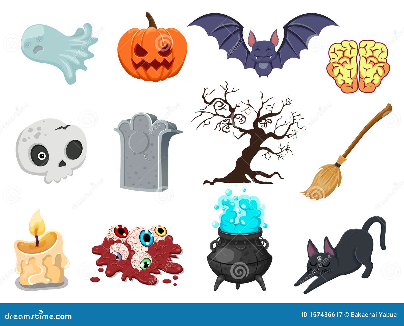 conjunto de desenhos animados de vetor doole desenhado à mão de objetos e  símbolos de halloween. esboço de fantasma, abóbora, osso, veneno, crânio,  livro de feitiços, gato, vela, morcego, túmulo 11593806 Vetor