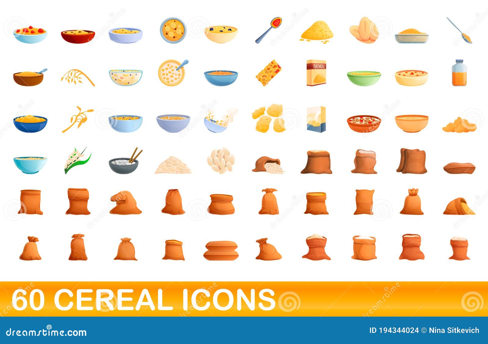 60 íconos De Cereal Conjunto Estilo De Caricatura Ilustración del Vector -  Ilustración de muesli, dieta: 194344024