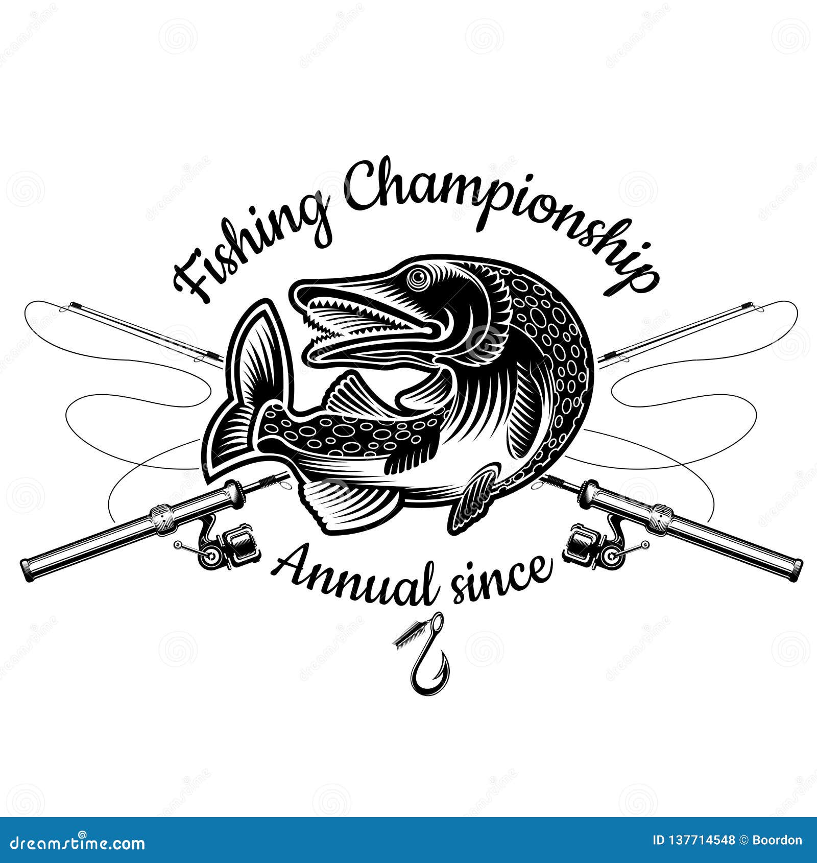 Pike Fish Bend with Crossed Fishing Rod in Engrving Style. Logo for Fishing,  Championship and Sport Club Stock Vector - Illustration of element,  farming: 137714548