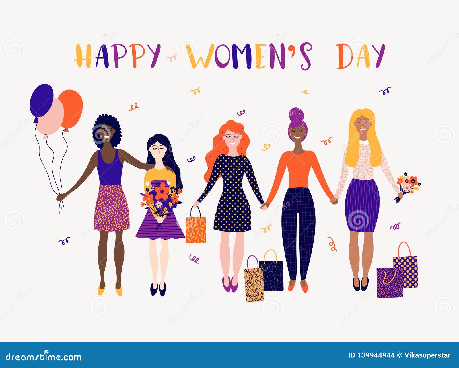 Happy Women`s Day Illustration. Funny Holiday Happy Smiling Women with Flowers Stock Vector - Illustration of gifts, friends: 139944944 Happy Women`s Day Illustration. Funny Holiday Happy Smiling Women with Flowers Stock Vector - Illustration of gifts, friends: 139944944
