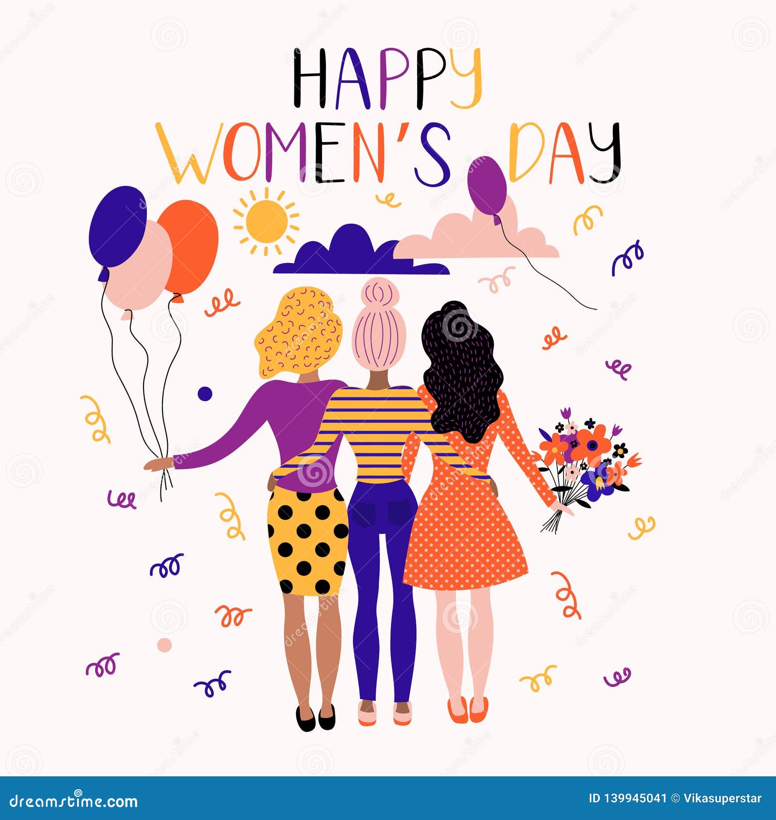 Happy Women`s Day Illustration. Funny Holiday Happy Women with Flowers Stock Vector - Illustration of happiness, design: 139945041 Happy Women`s Day Illustration. Funny Holiday Happy Women with Flowers Stock Vector - Illustration of happiness, design: 139945041