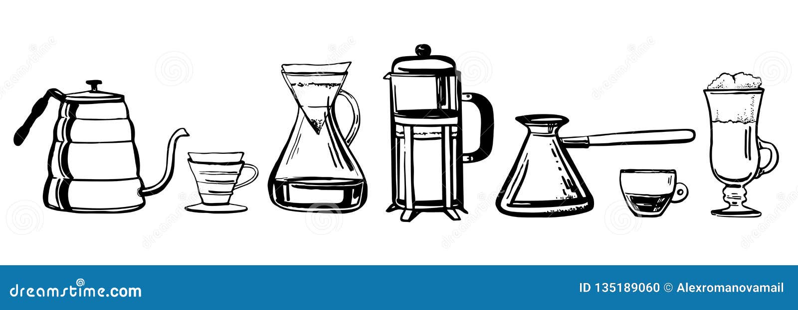 Manual Alternative Coffee Brewing Methods and Tools Hand Drawn