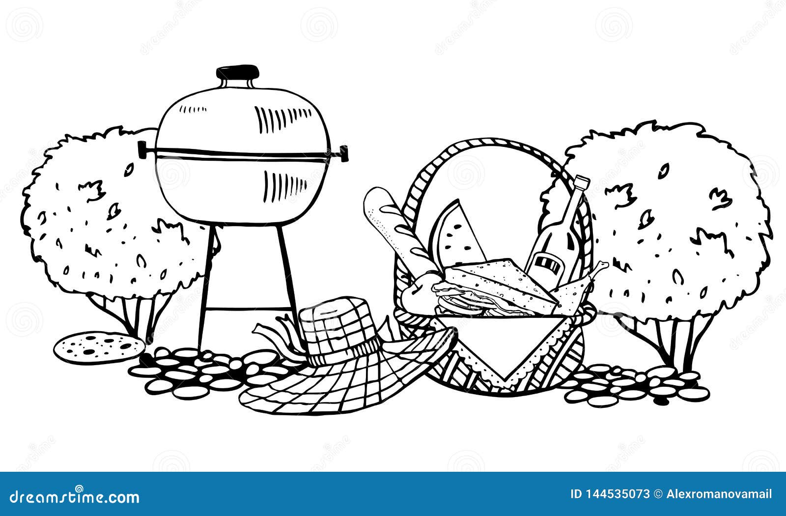 Grill and picnic basket with food on the ground with bush on the  background. Outline vector sketch illustration black on white background  Stock Vector