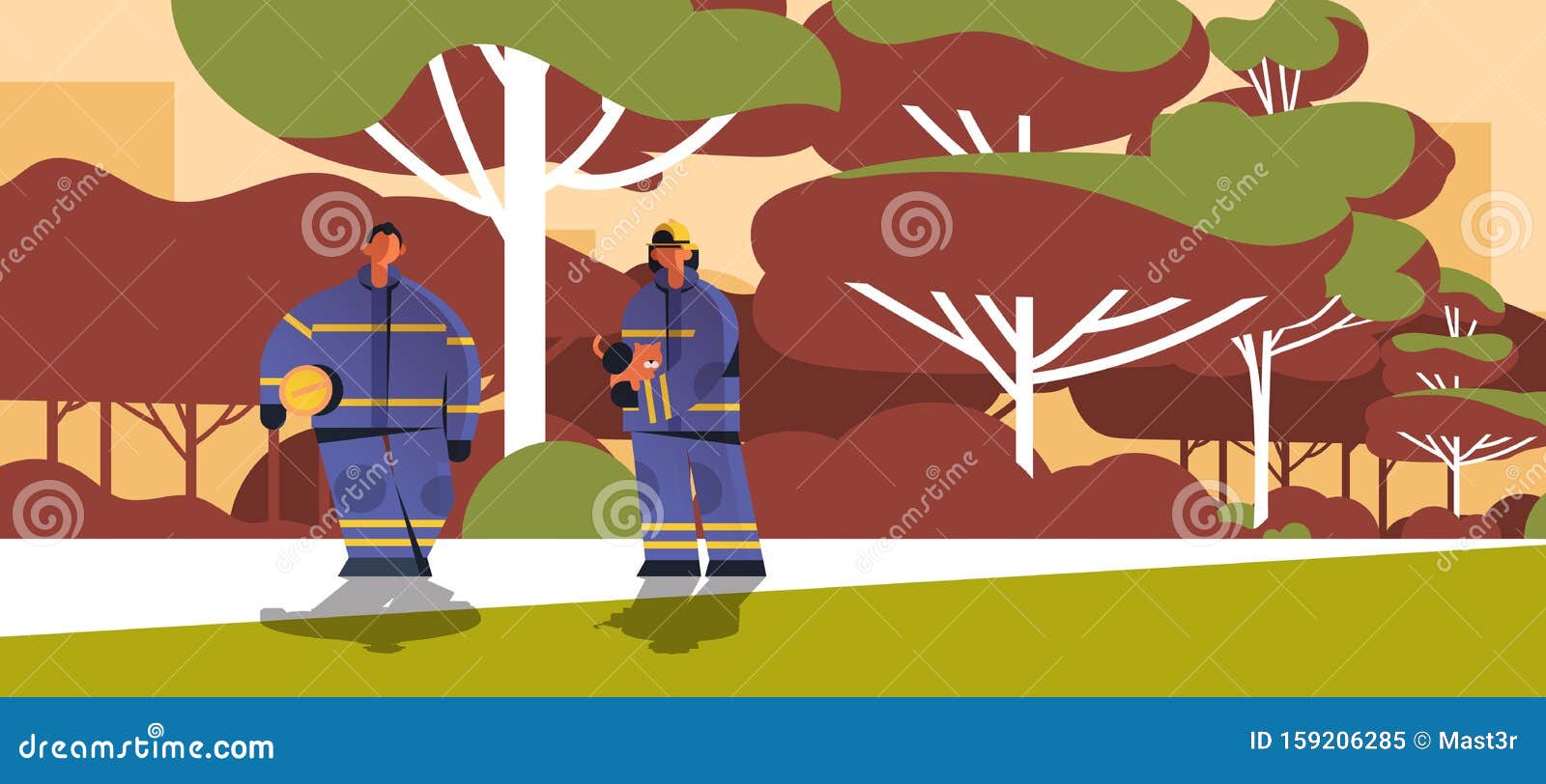 Γενναίοι πυροσβέστες που διασώζουν ζευγάρι πυροσβεστών γάτας με στολή και  πυροσβεστική υπηρεσία για κράνη Διανυσματική απεικόνιση - εικονογραφία από  aler: 159206285