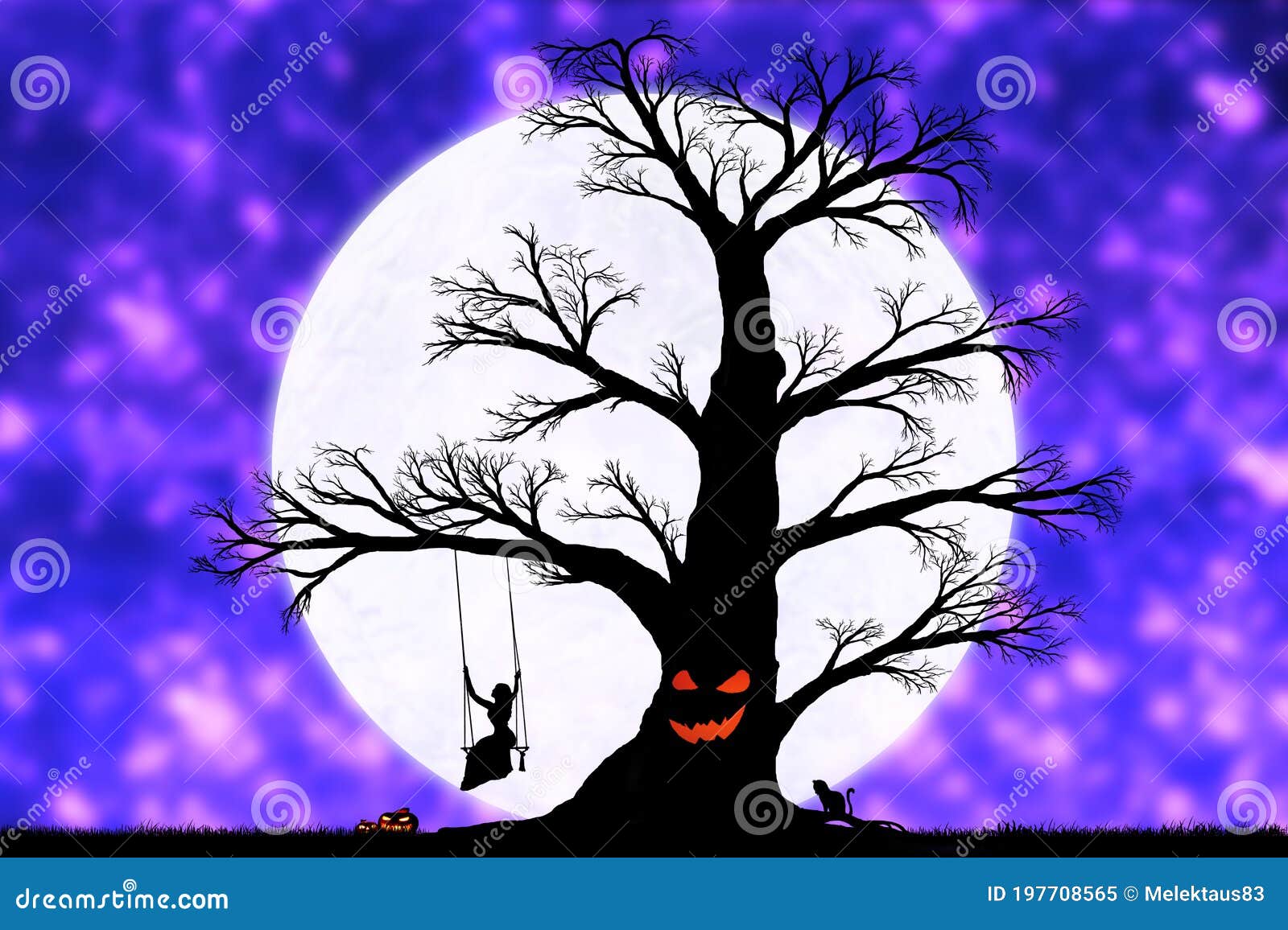 Γυναίκα σε μια κούνια σε ένα δέντρο στο φόντο μιας μεγάλης σελήνης  Απεικόνιση αποθεμάτων - εικονογραφία από brampton: 197708565
