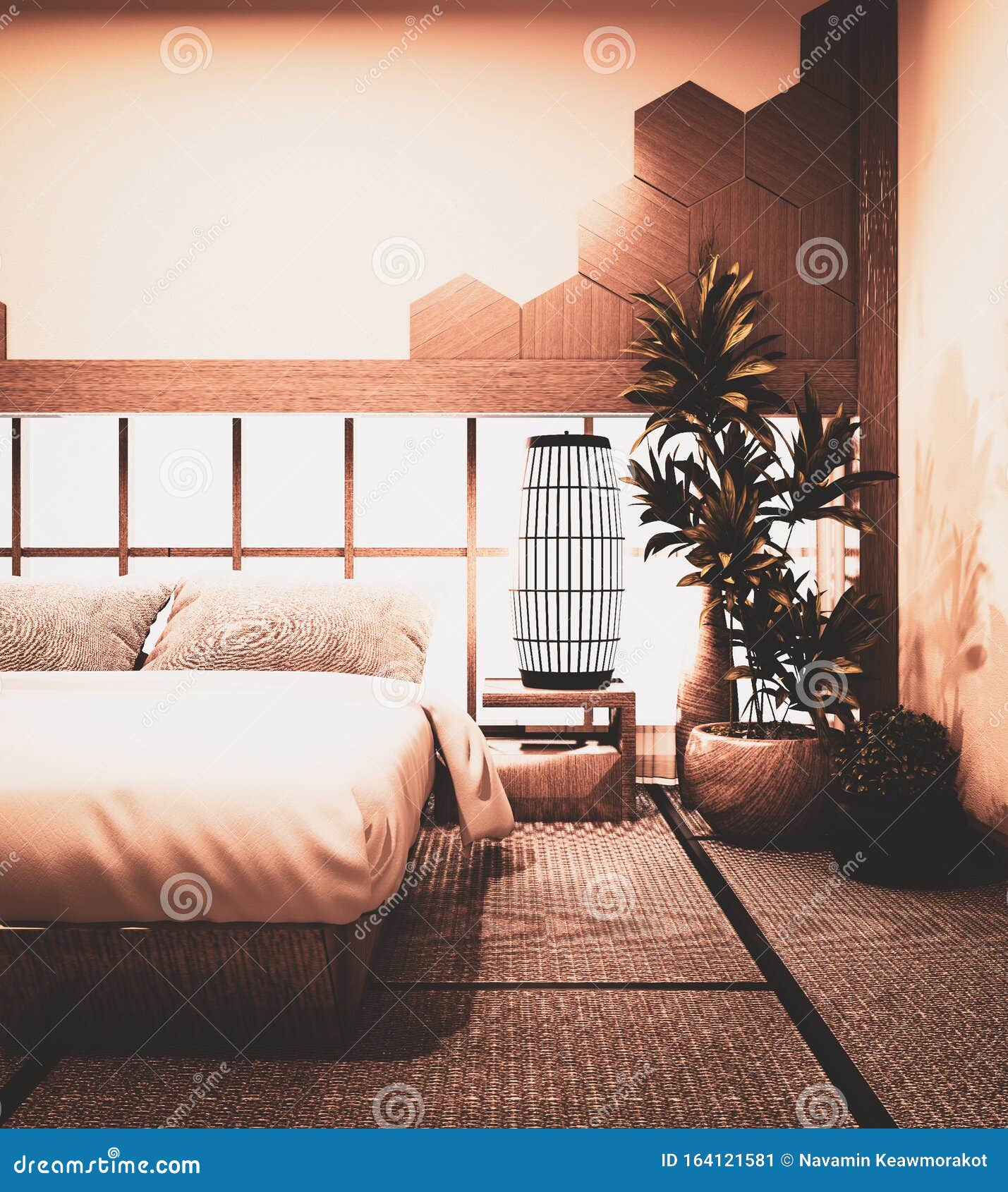 Ιαπωνικό στυλ κρεβατοκάμαρας και σχεδίαση εξαγωνικών πλακιδίων από ξύλο,  ξύλινο κρεβάτι και διακόσμηση σε τατάμι απόδοση 3D Απεικόνιση αποθεμάτων -  εικονογραφία από bedroll: 164121581