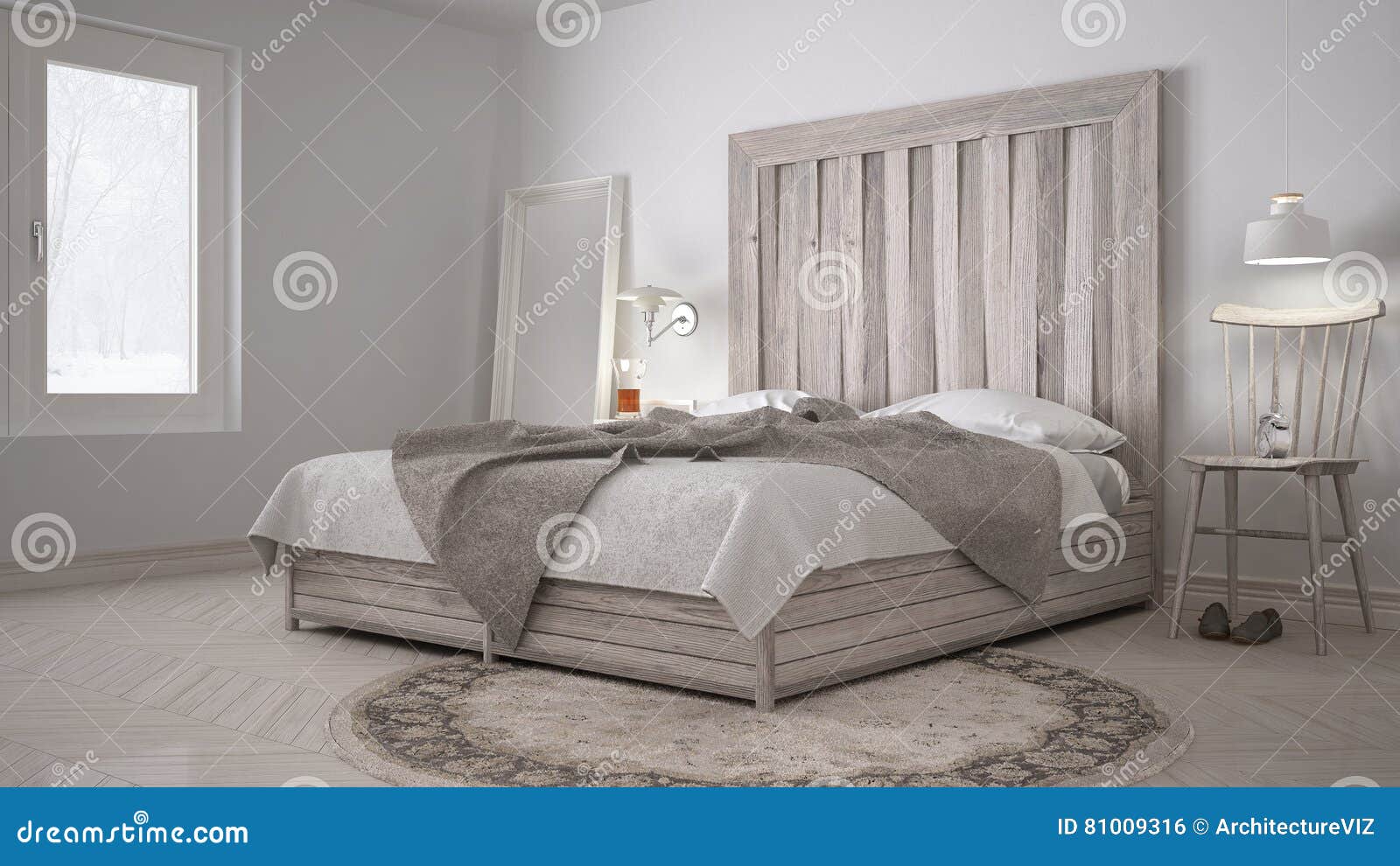Κρεβατοκάμαρα DIY, κρεβάτι με ξύλινο Headboard, Σκανδιναβικό άσπρο Eco γ  Στοκ Εικόνες - εικόνα από bedroll, lifestyle: 81009316