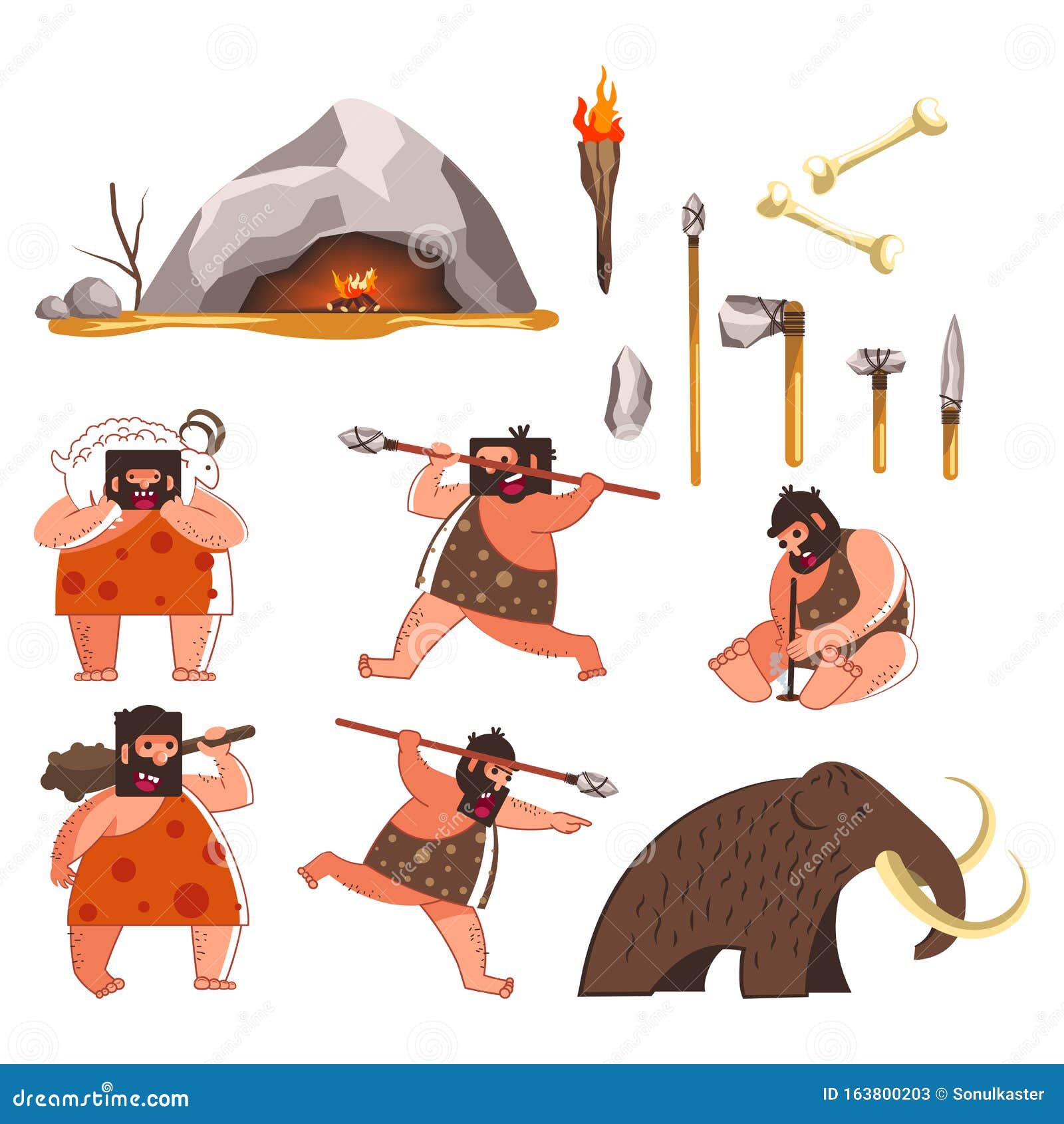 Λίθινη εποχή και άνθρωπος των σπηλαίων, προϊστορικά εργαλεία και όπλα,  απομονωμένα εικονίδια Διανυσματική απεικόνιση - εικονογραφία από  ancientness: 163800203